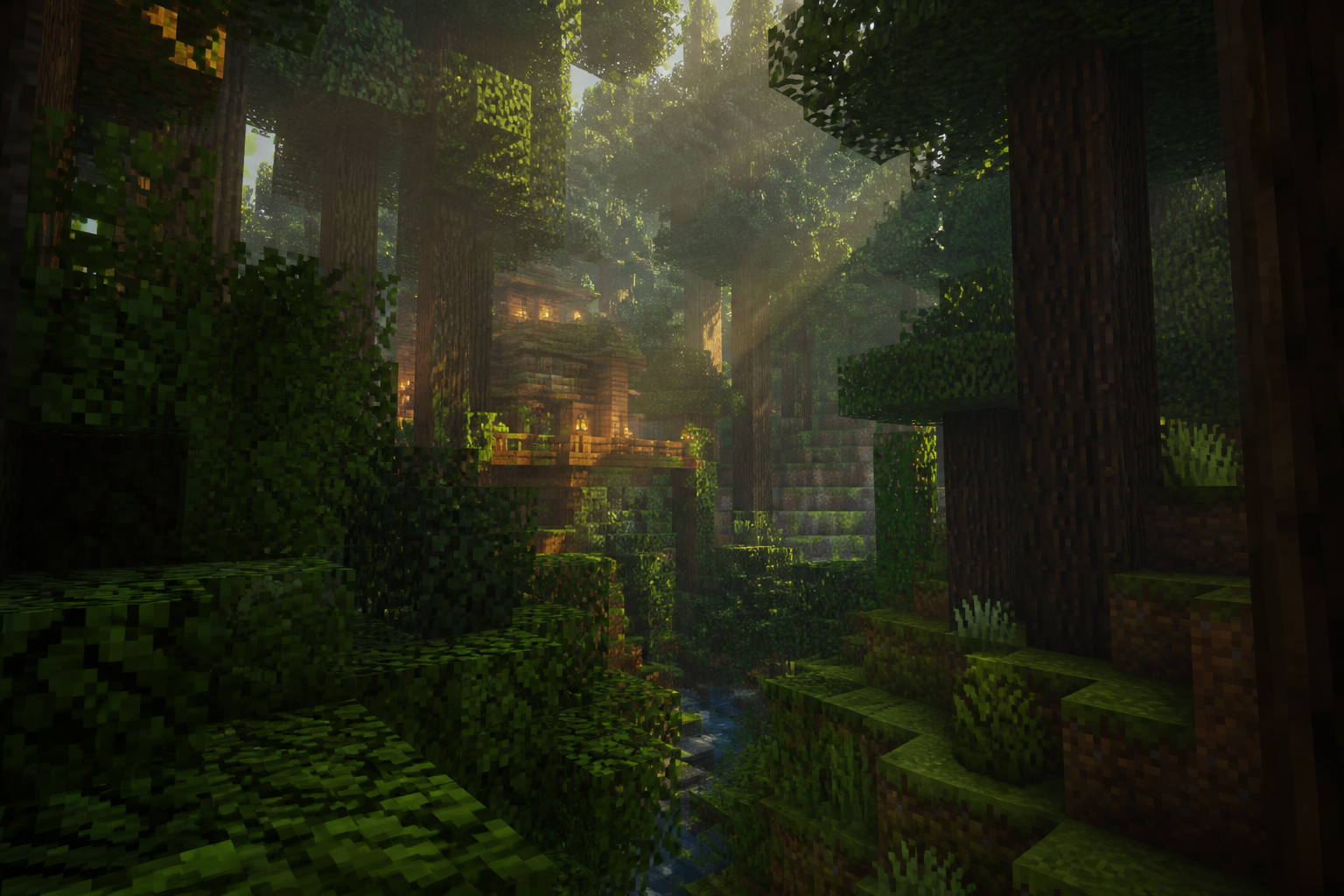 Dense blocky forest with a hidden cabin