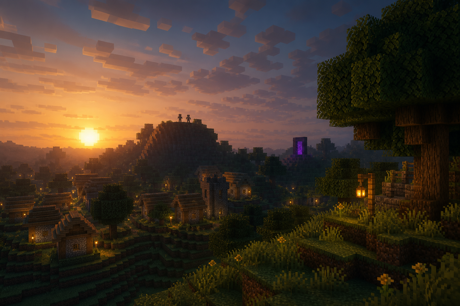 Dusk over the Bogle SMP voxel world