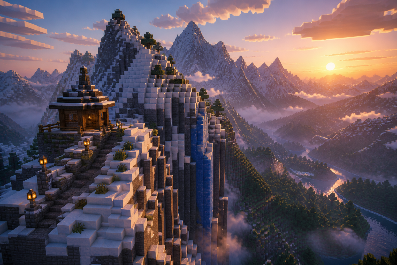 Snowy mountain ridge with a lookout cabin