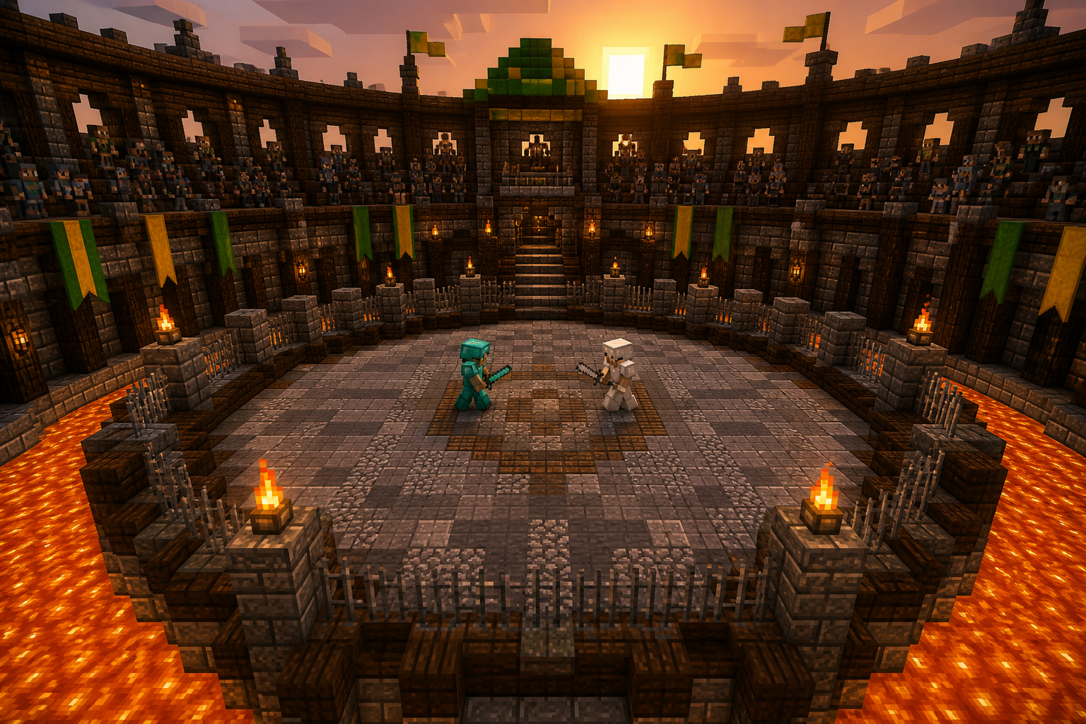 Stone PvP arena at sunset