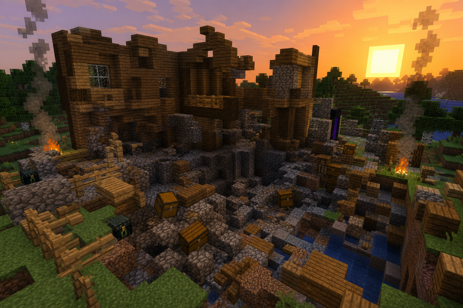 A raided wooden base at sunset